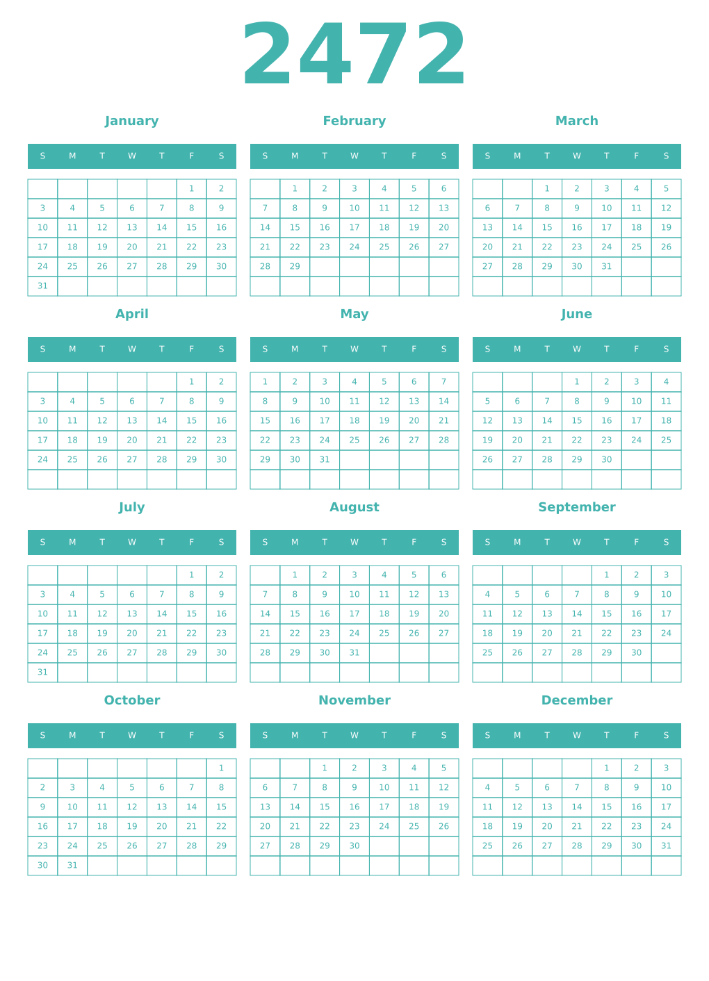 Printable 2472 Year Calendars verdigris