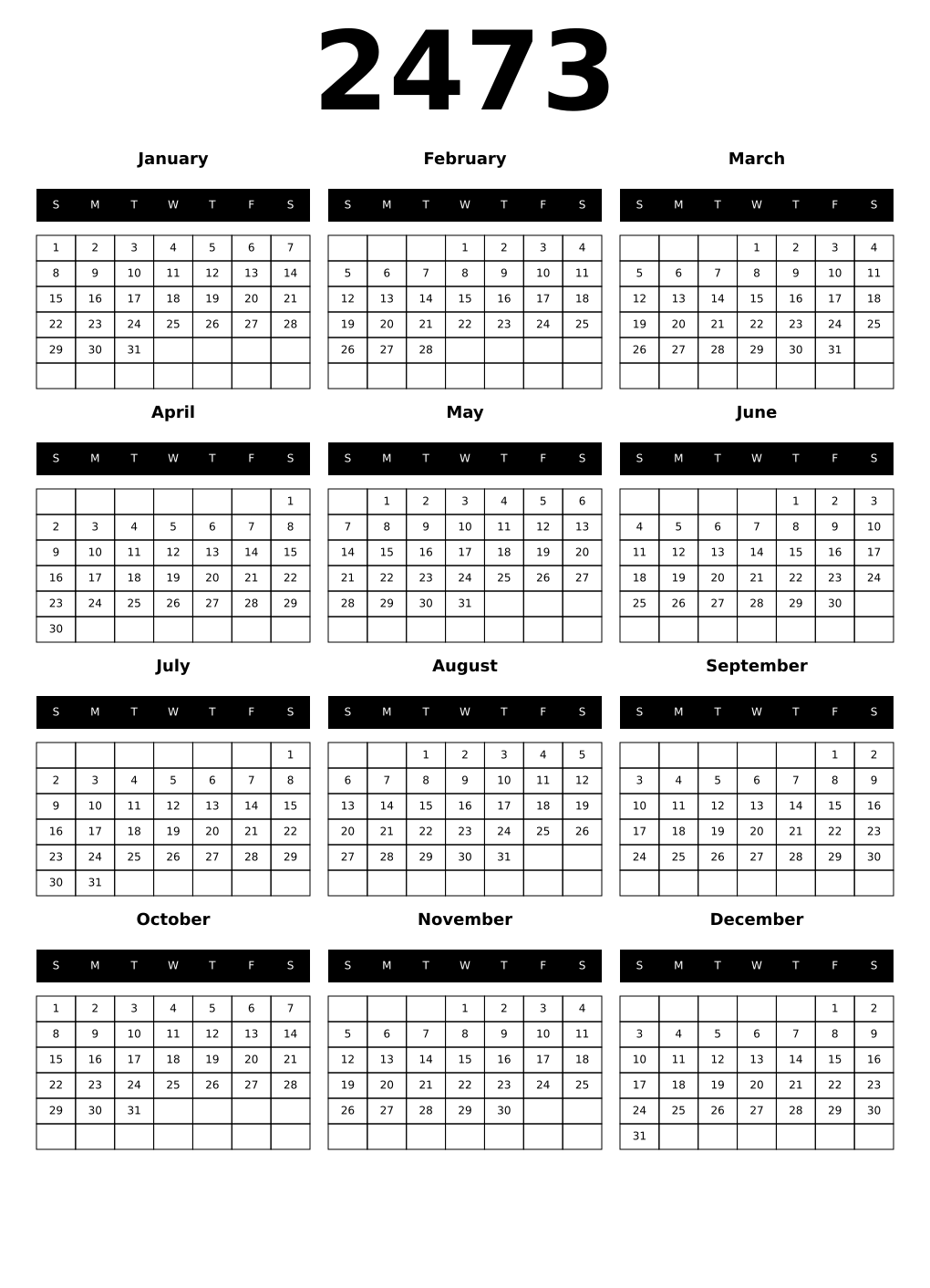 Printable 2473 Year Calendars black