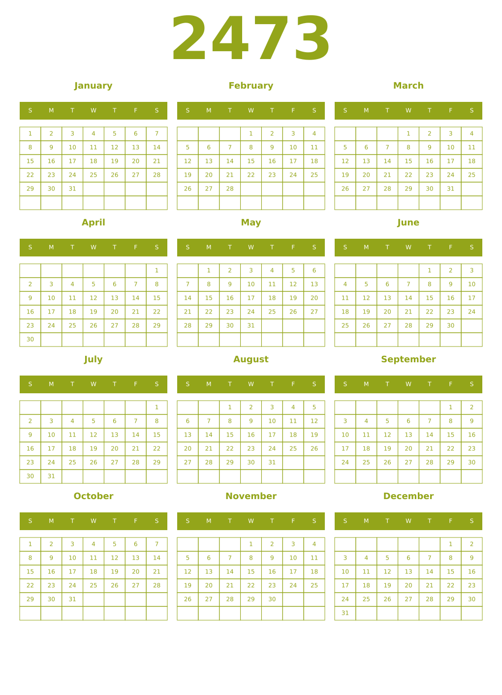 Printable 2473 Year Calendars chartreuse