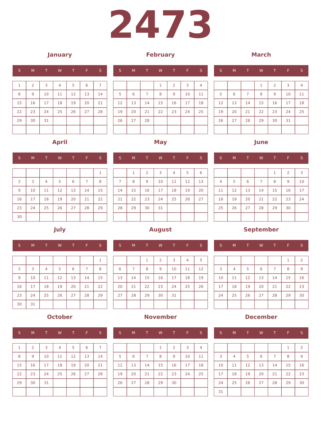 Printable 2473 Year Calendars cordovan