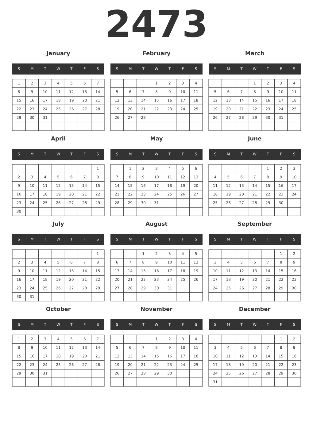 Printable 2473 Year Calendars dark