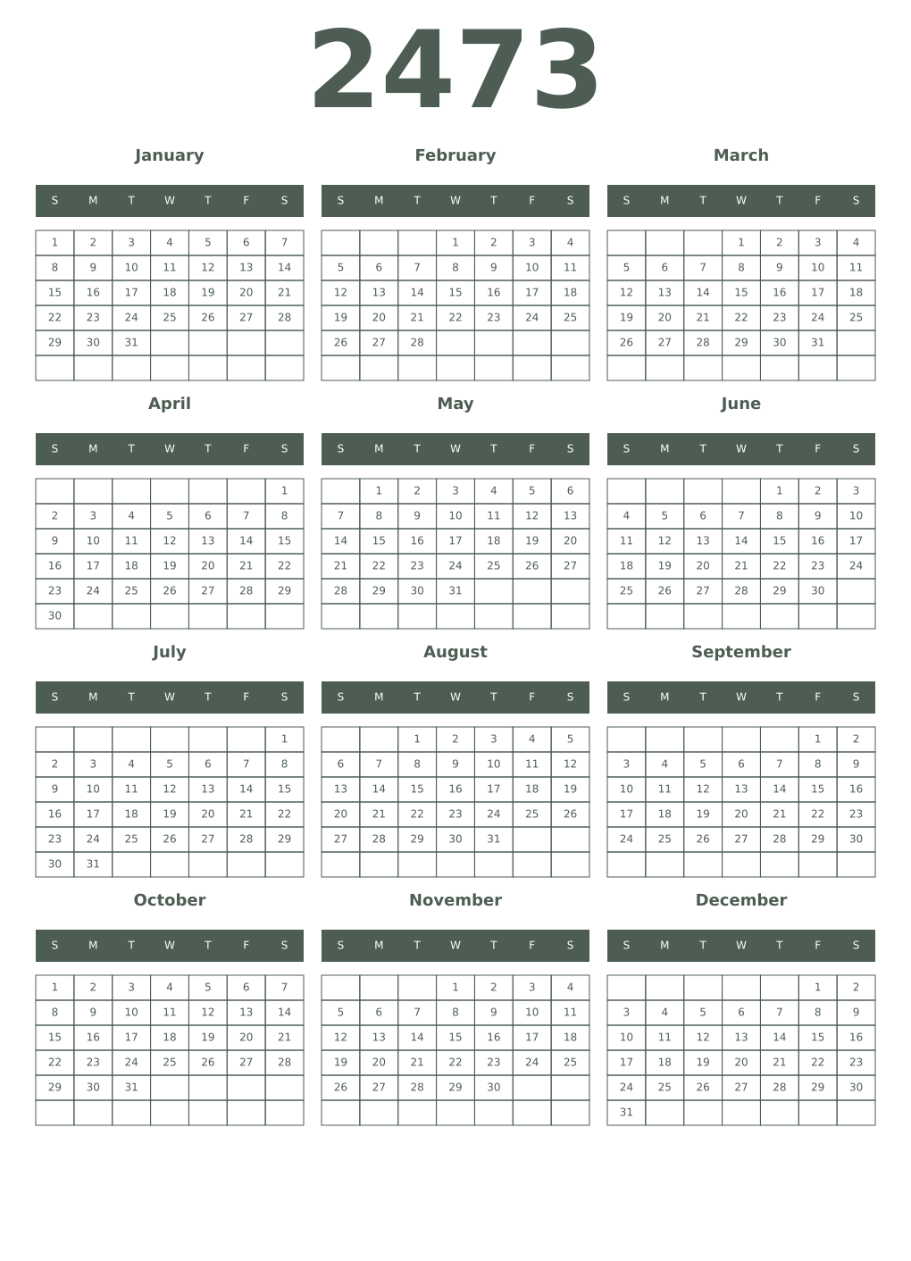 Printable 2473 Year Calendars feldgrau