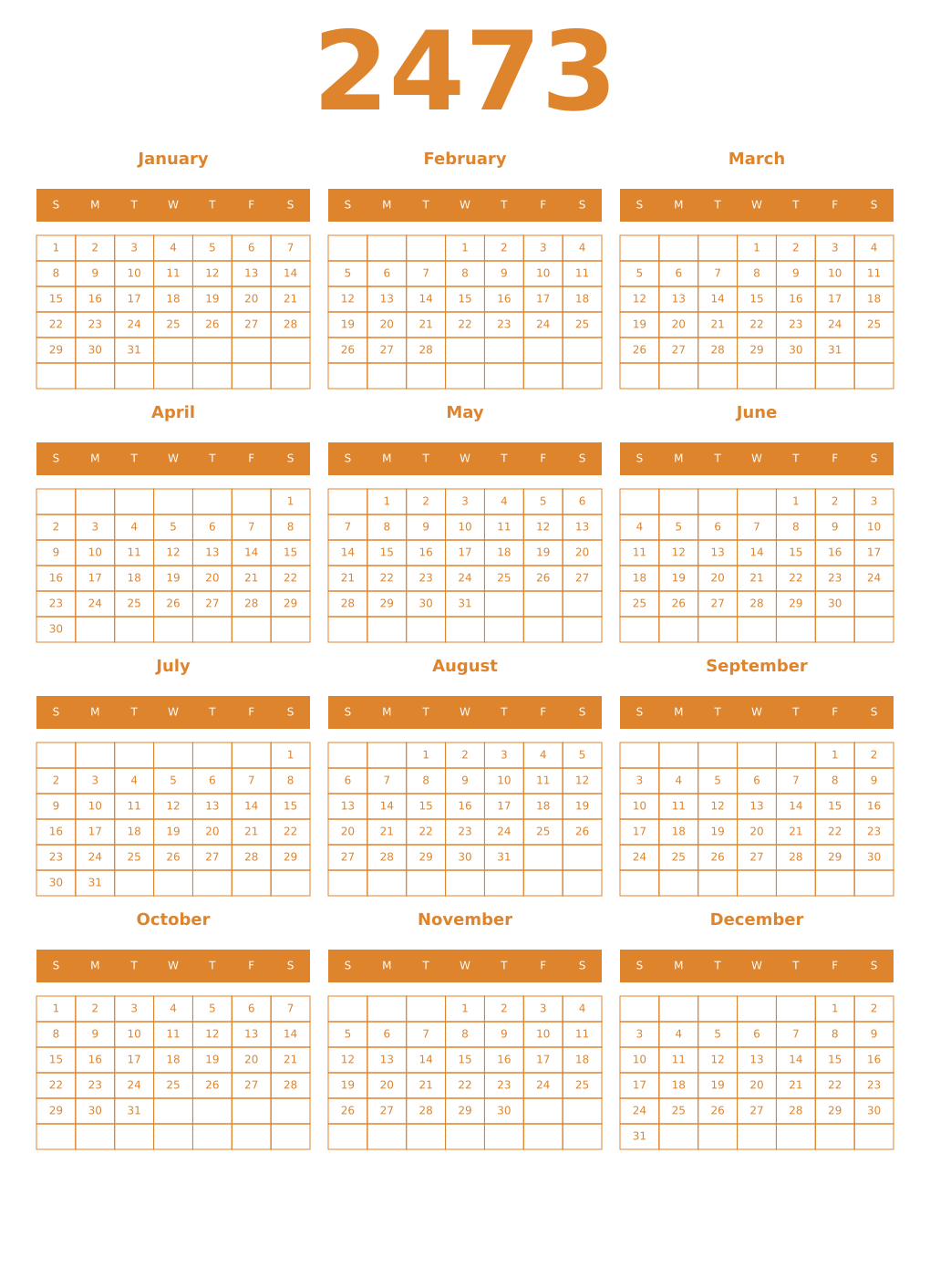 Printable 2473 Year Calendars orange