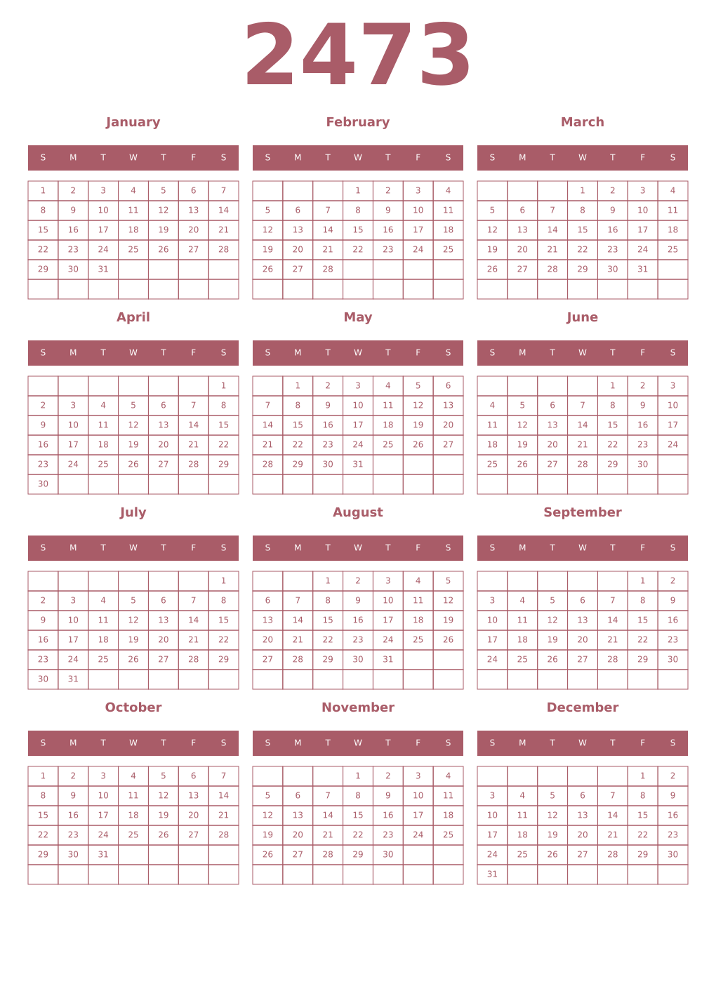 Printable 2473 Year Calendars puce