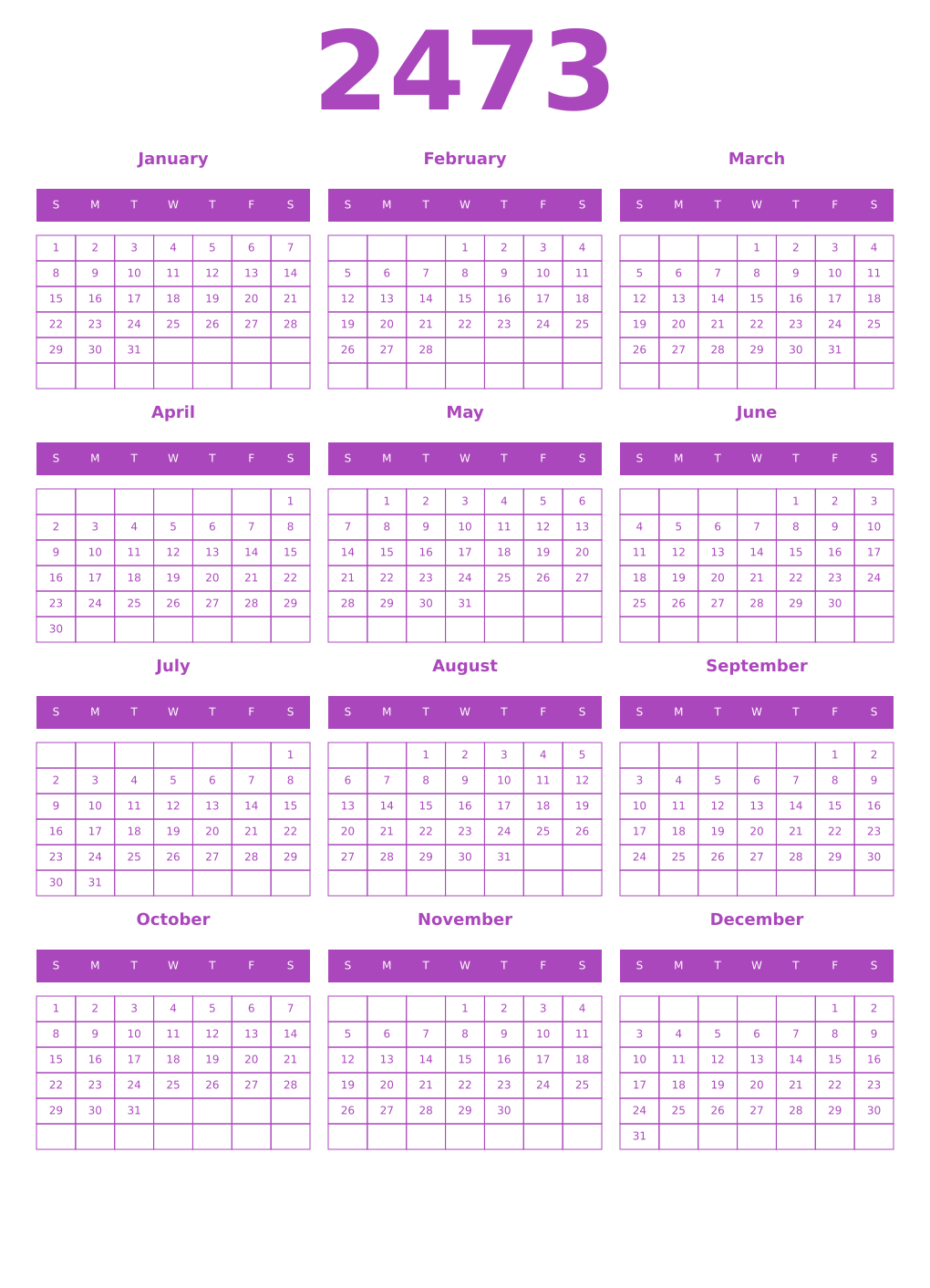 Printable 2473 Year Calendars purple