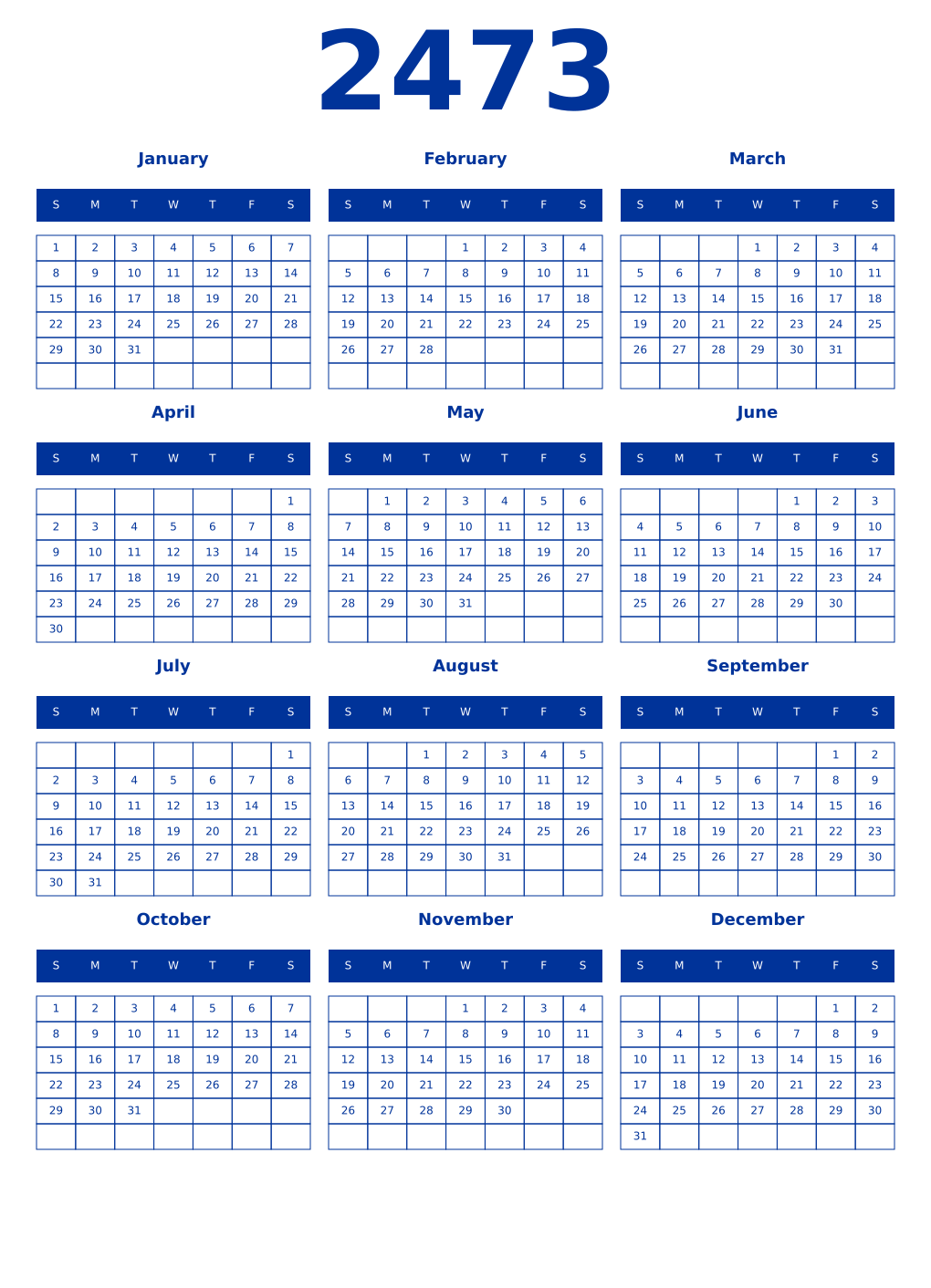 Printable 2473 Year Calendars smalt
