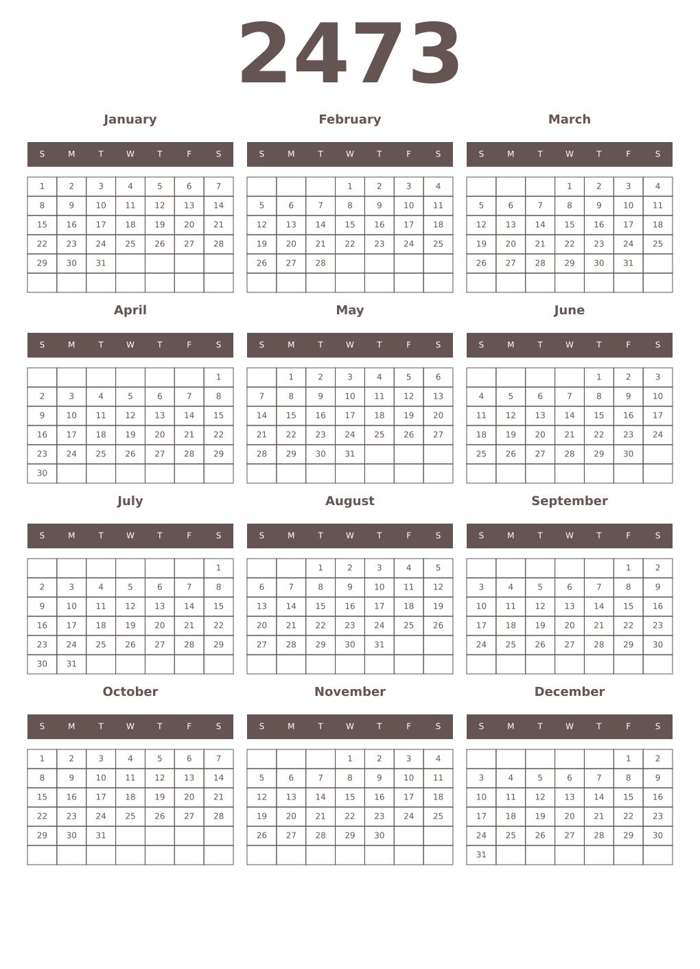 Printable 2473 Year Calendars wenge