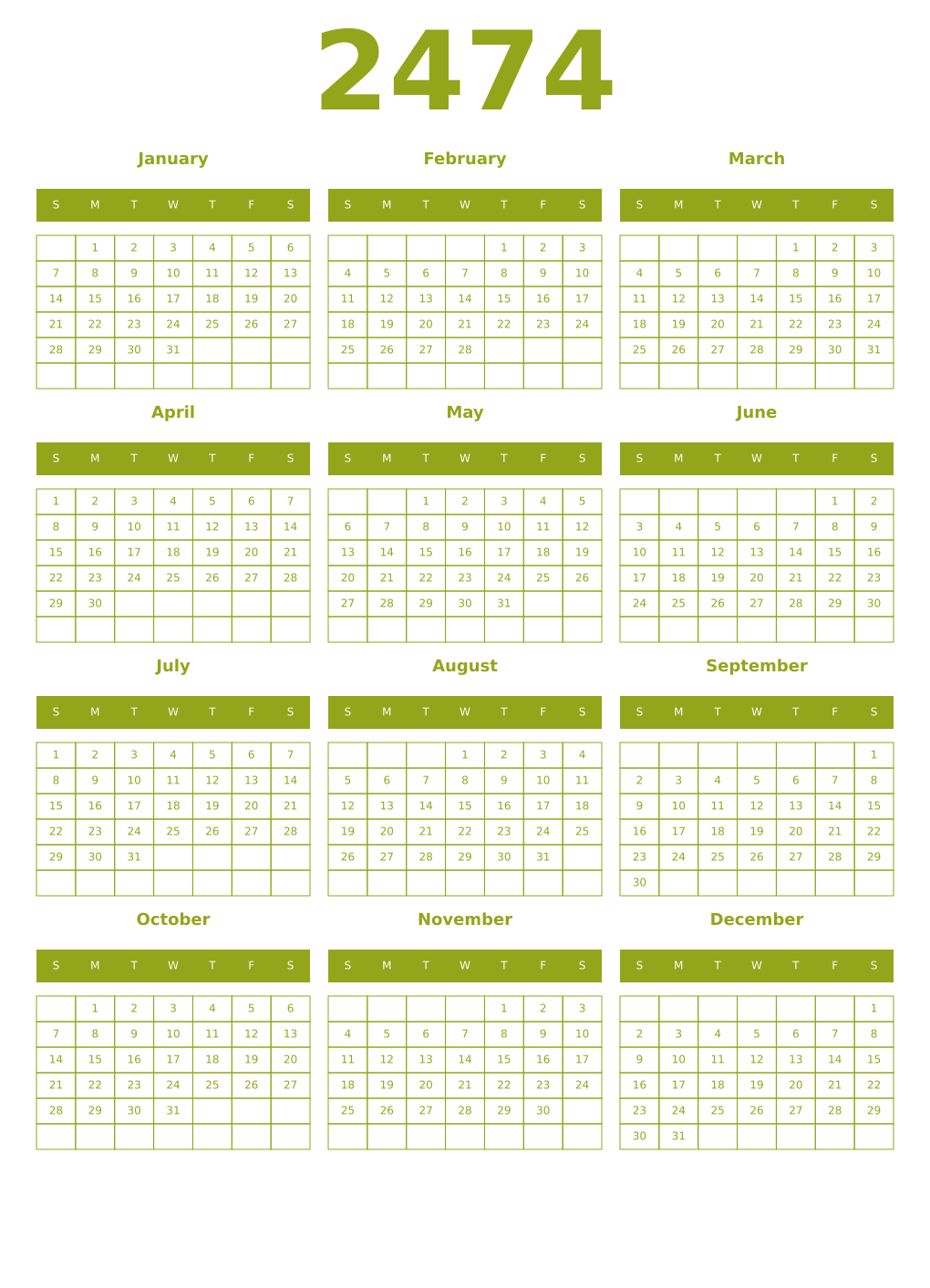 Printable 2474 Year Calendars chartreuse