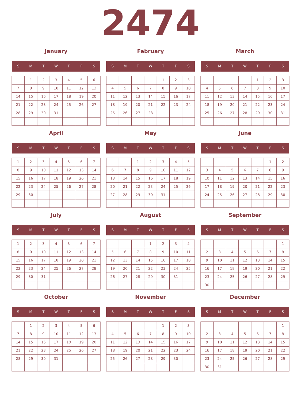 Printable 2474 Year Calendars cordovan