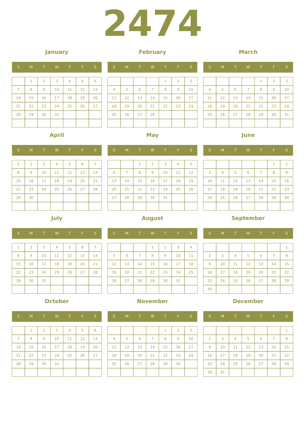 Printable 2474 Year Calendars eburnean