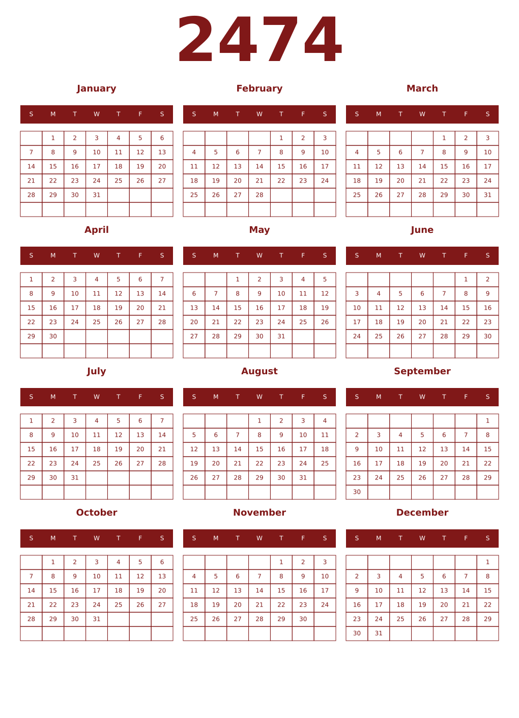Printable 2474 Year Calendars falu