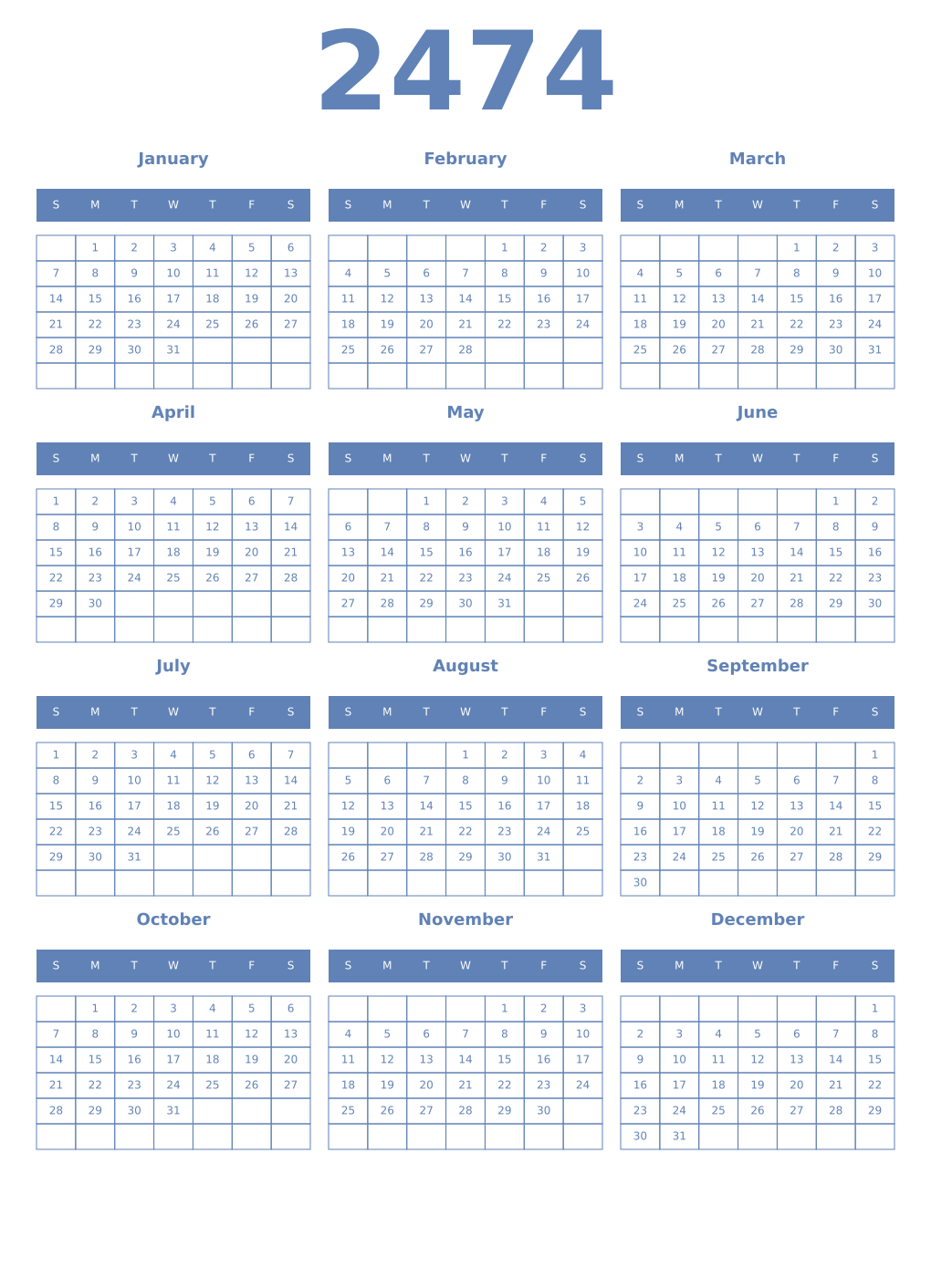 Printable 2474 Year Calendars glaucous