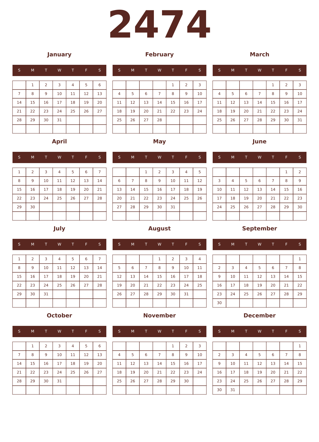 Printable 2474 Year Calendars mortuum