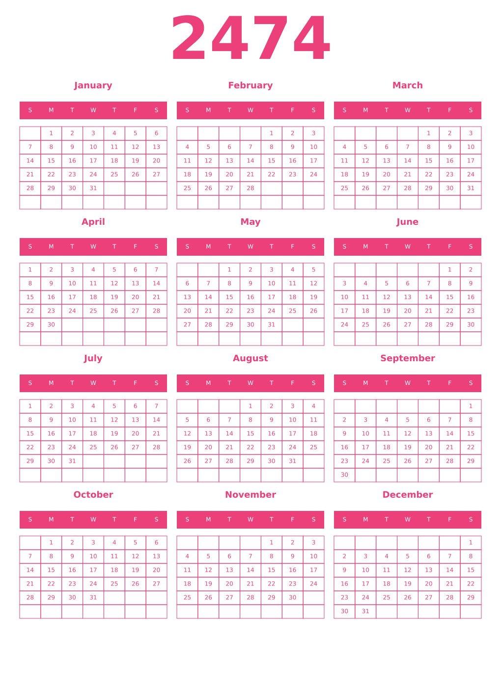 Printable 2474 Year Calendars pink