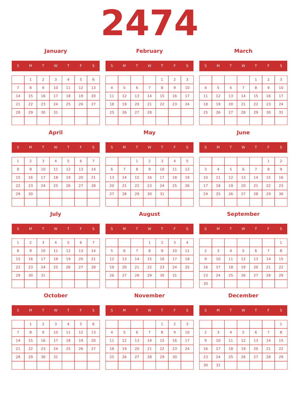 Printable 2474 Year Calendars red