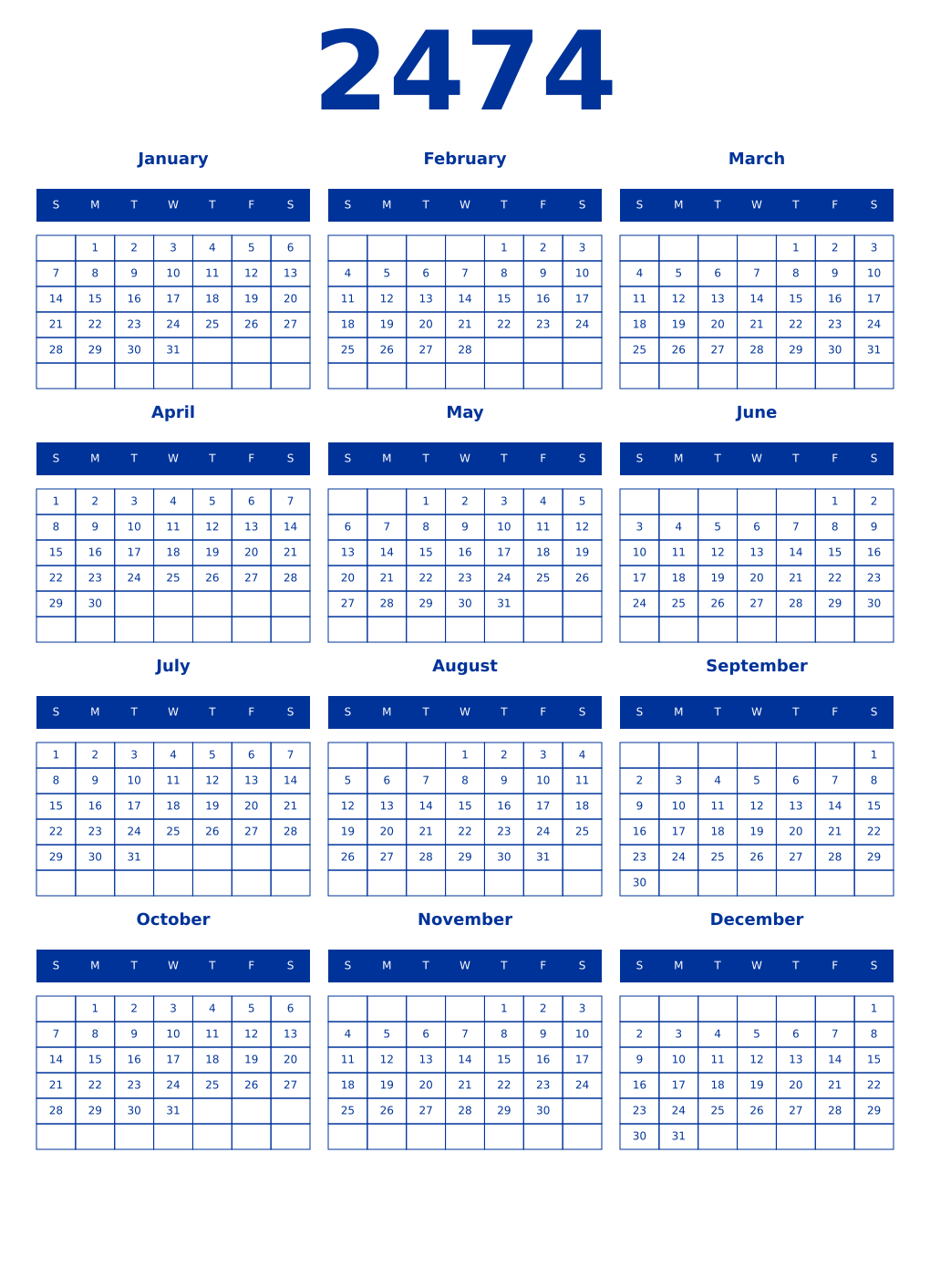 Printable 2474 Year Calendars smalt