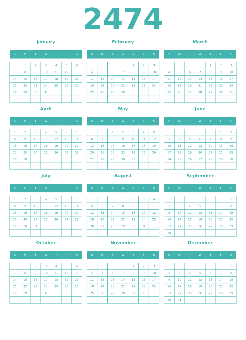Printable 2474 Year Calendars verdigris