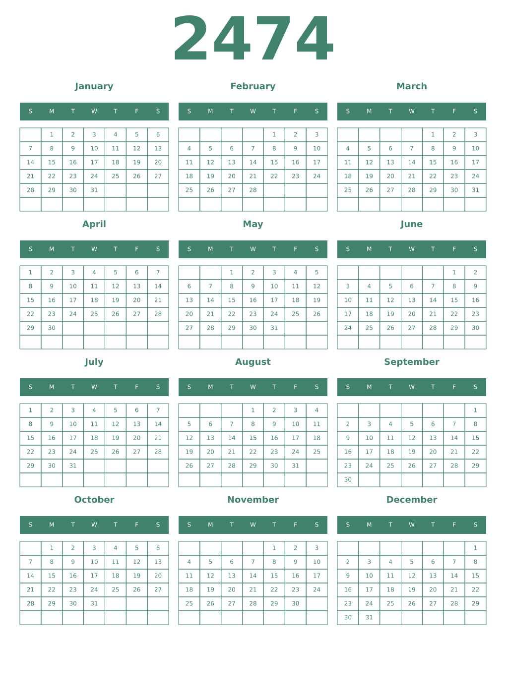 Printable 2474 Year Calendars viridian