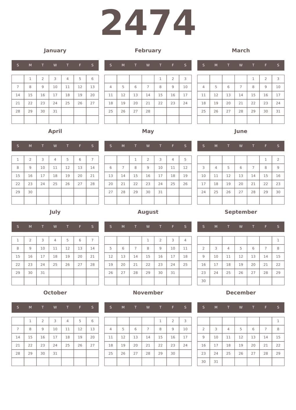 Printable 2474 Year Calendars wenge