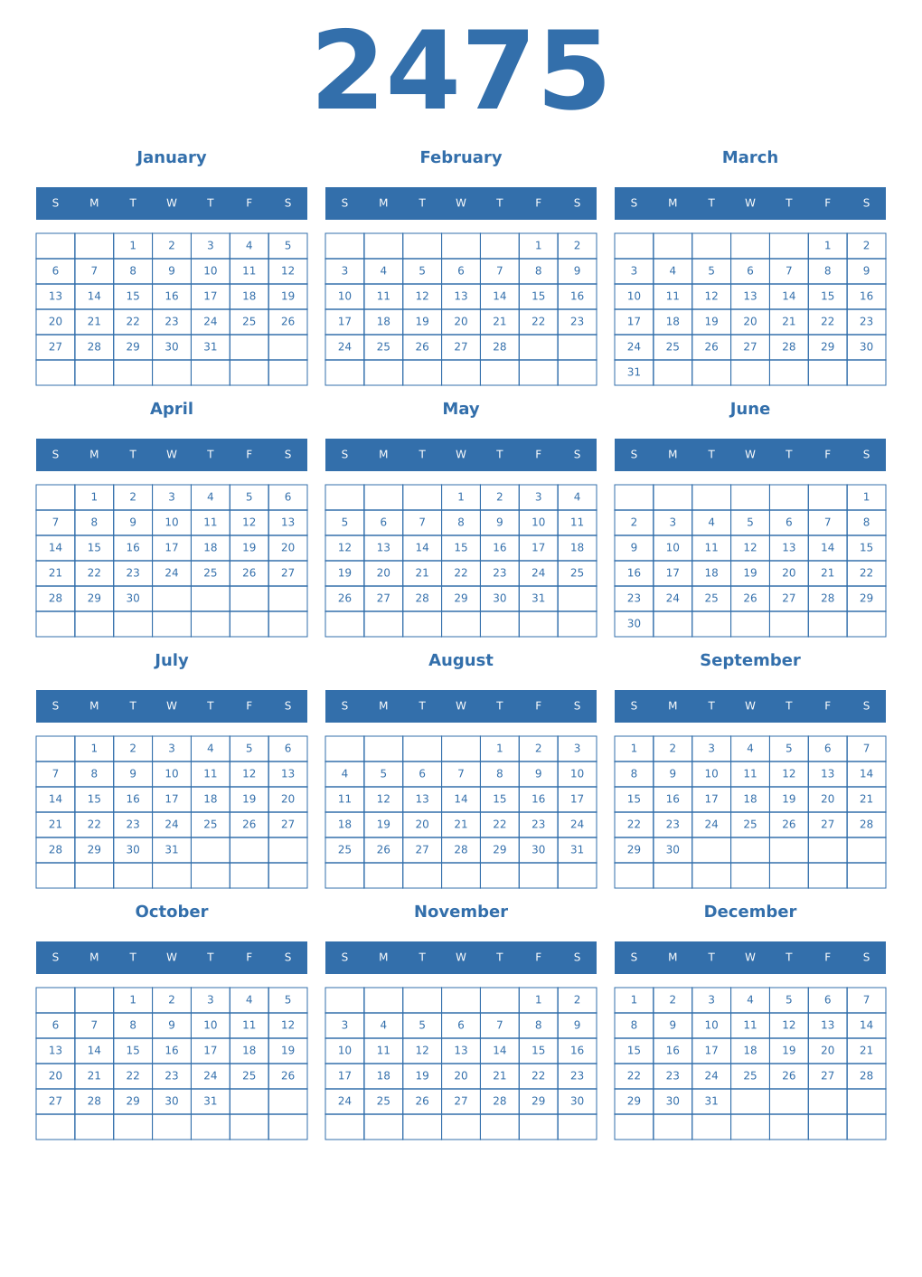 Printable 2475 Year Calendars blue