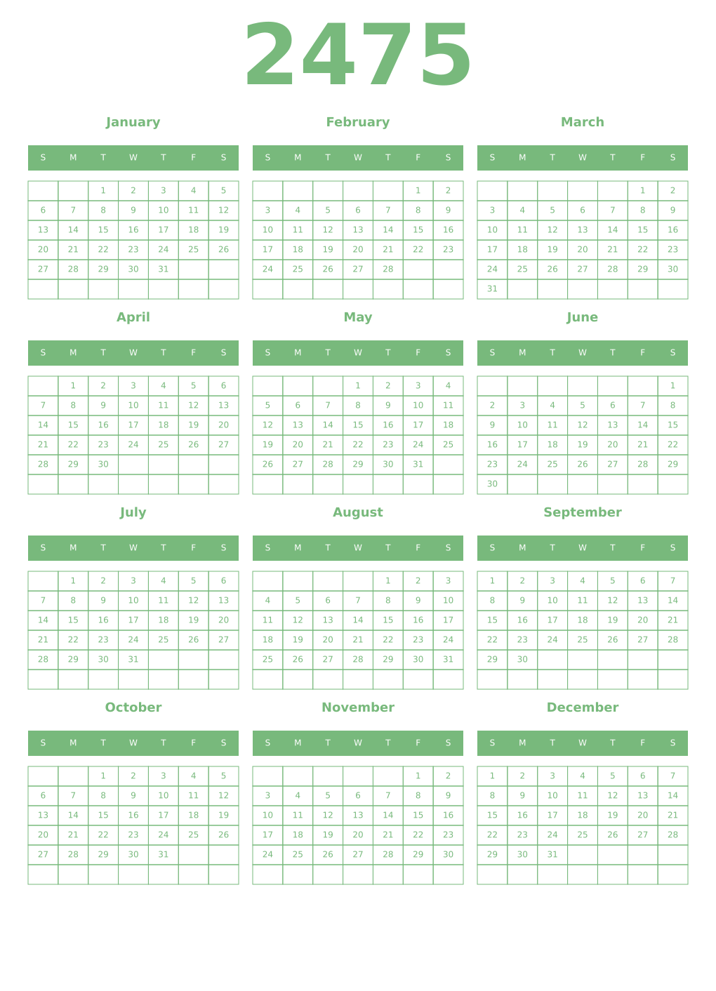 Printable 2475 Year Calendars celadon
