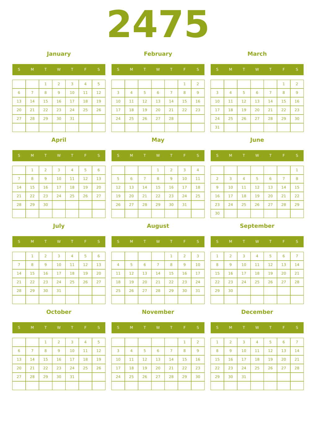 Printable 2475 Year Calendars chartreuse
