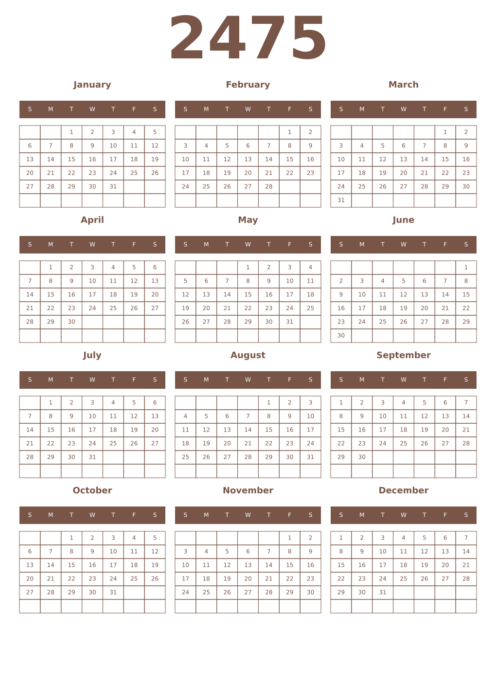 Printable 2475 Year Calendars coffe