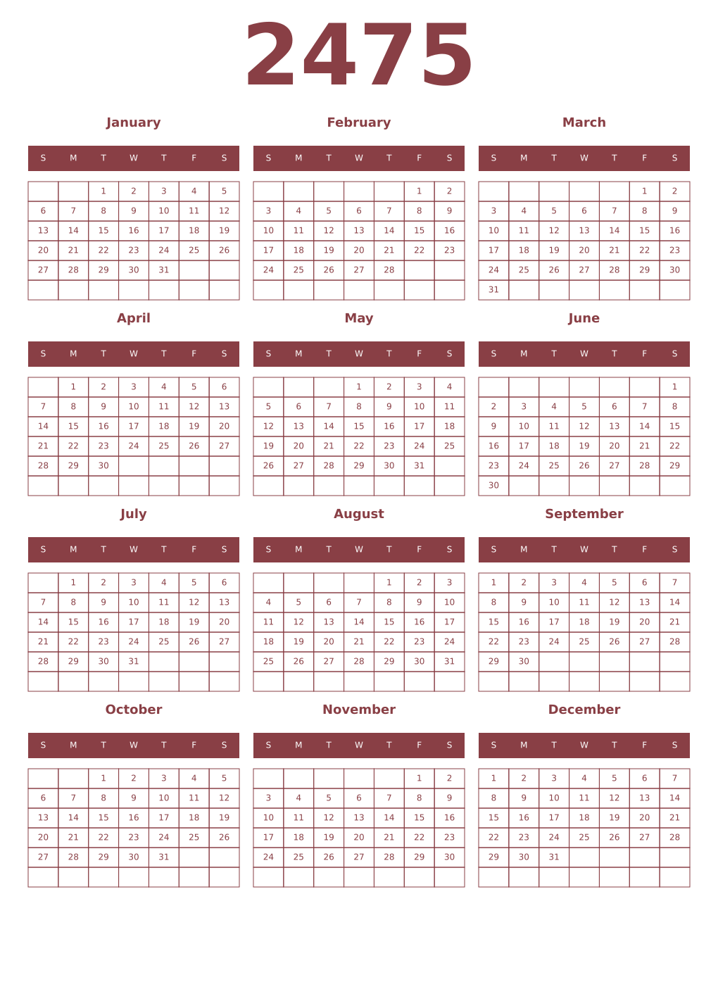 Printable 2475 Year Calendars cordovan