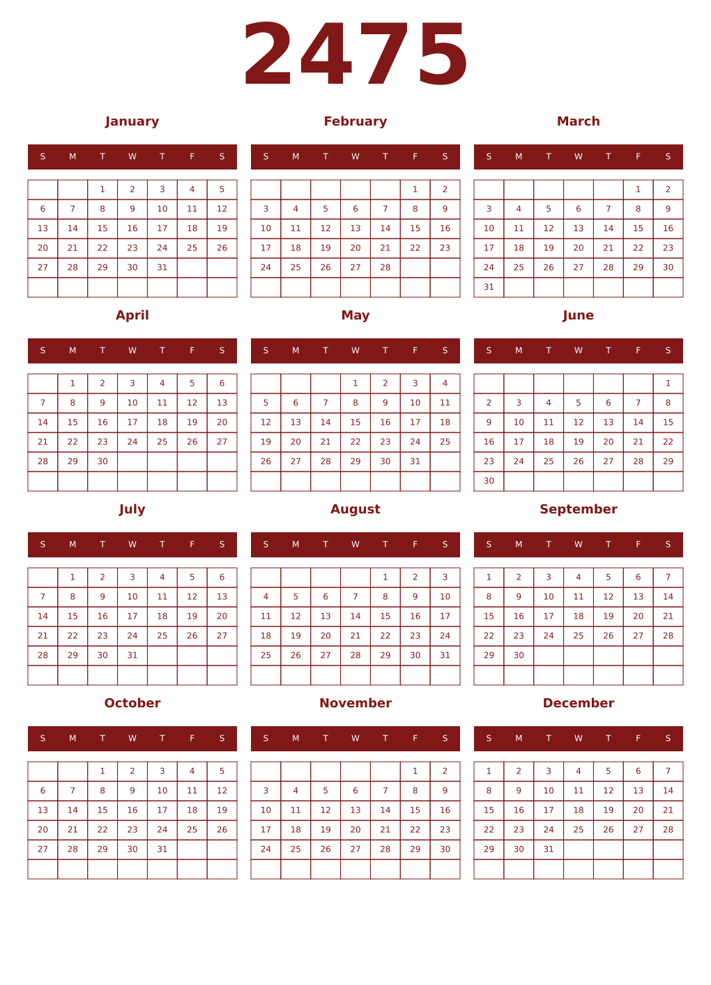 Printable 2475 Year Calendars falu