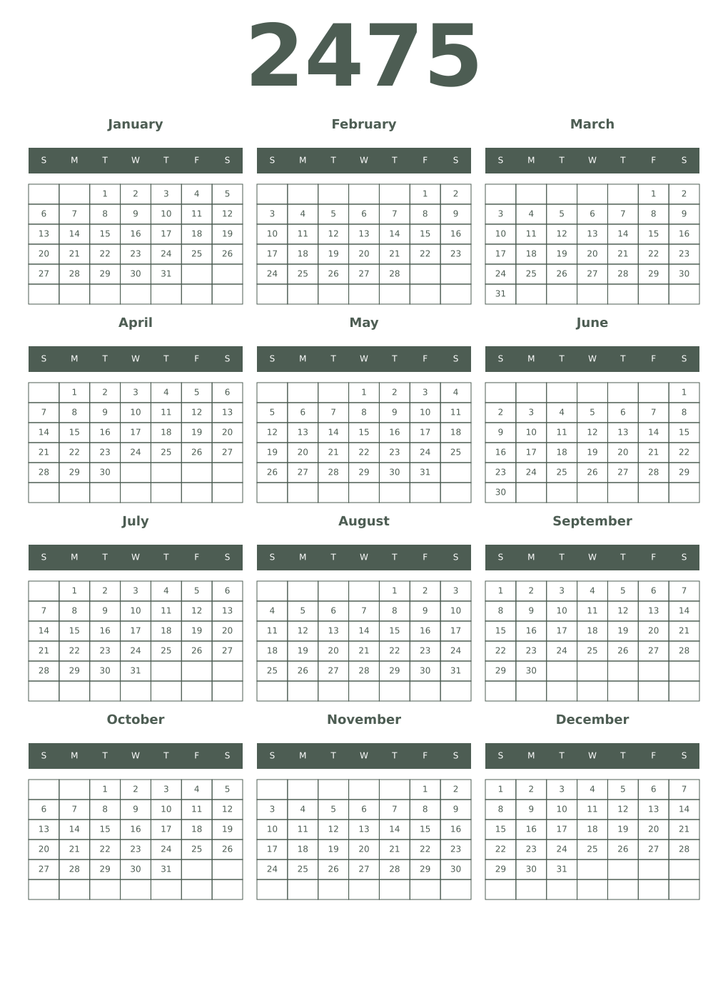 Printable 2475 Year Calendars feldgrau