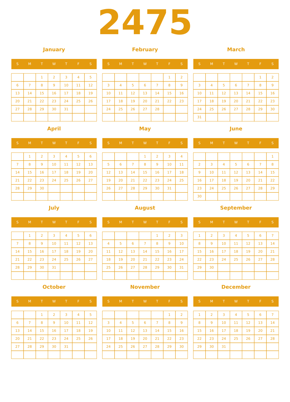 Printable 2475 Year Calendars gamboge