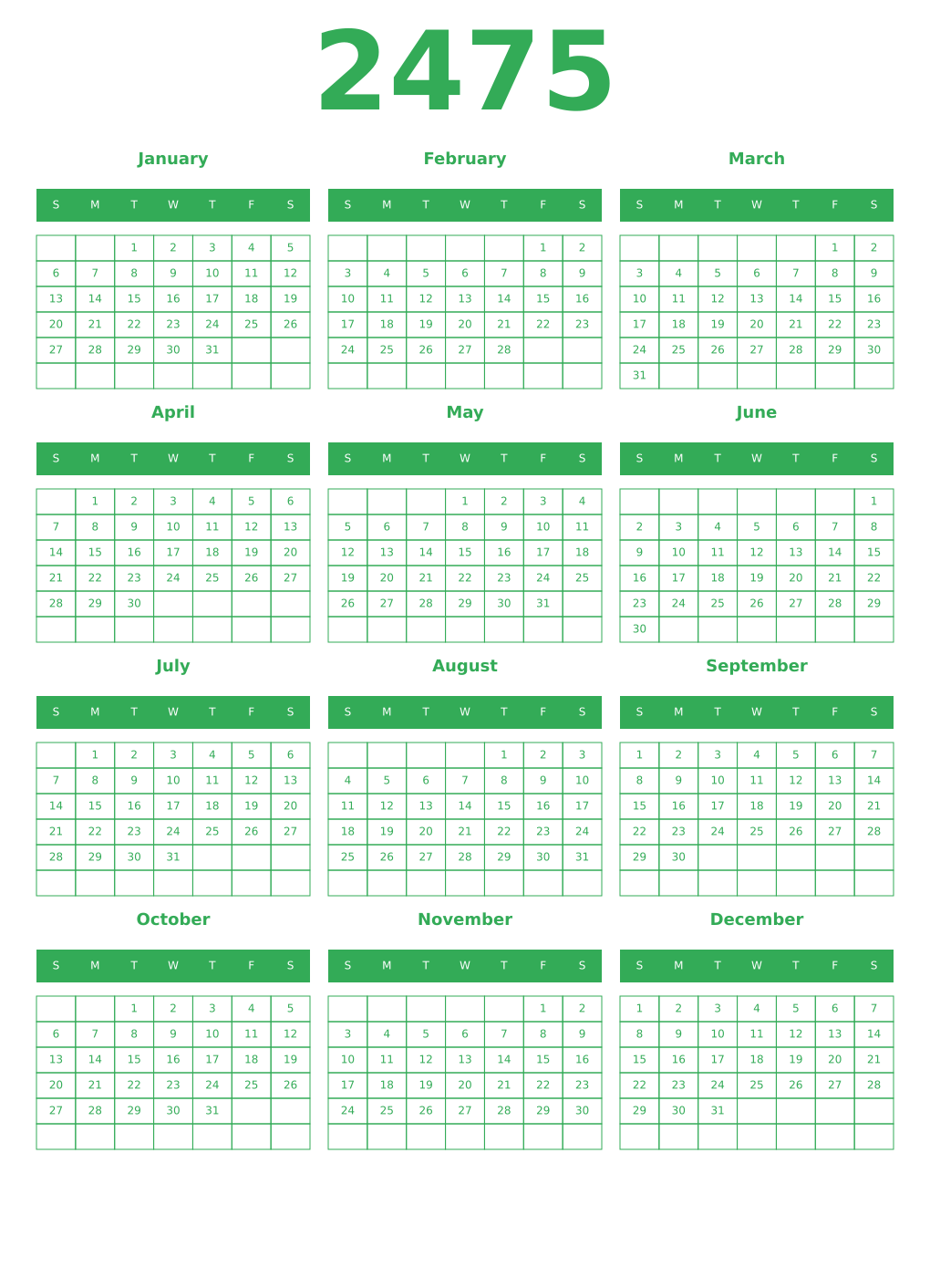 Printable 2475 Year Calendars green