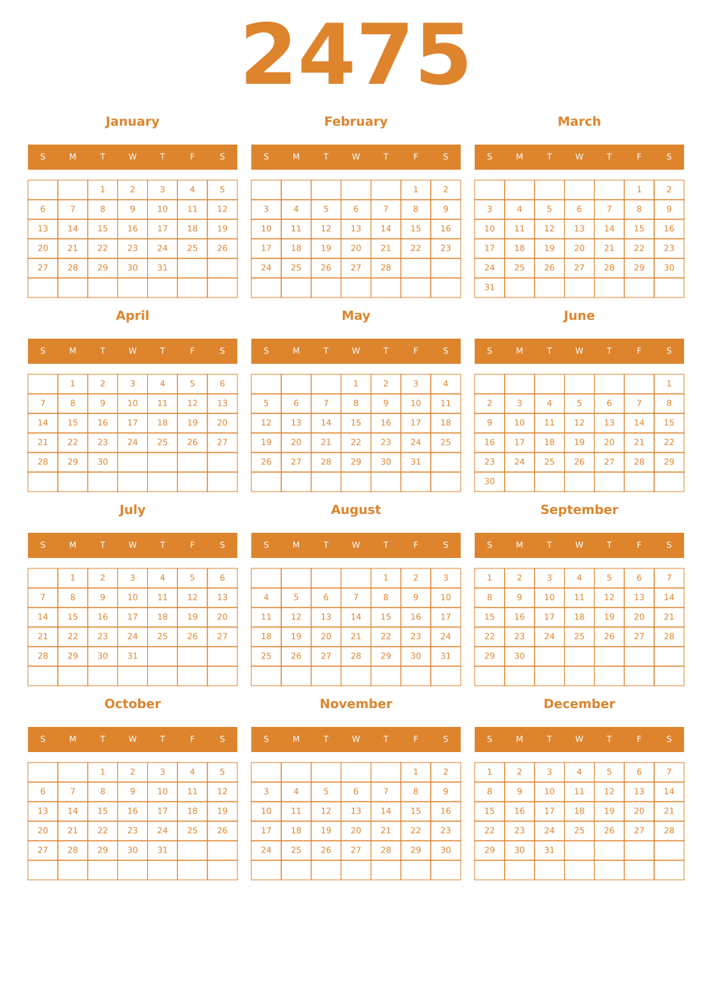 Printable 2475 Year Calendars orange