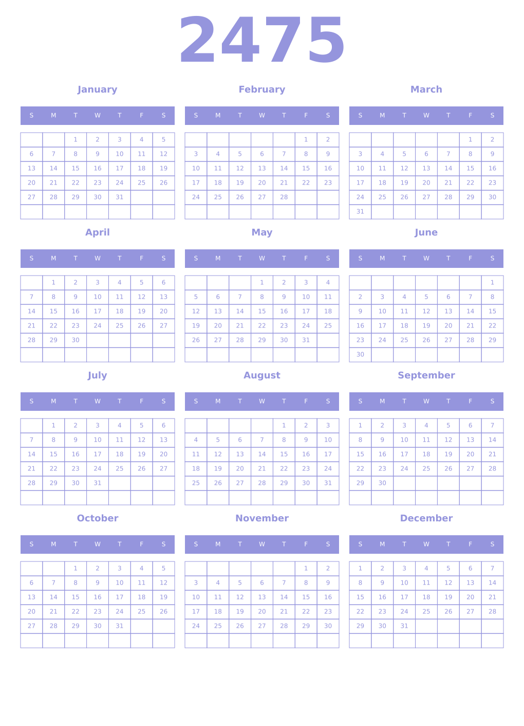Printable 2475 Year Calendars periwinkle