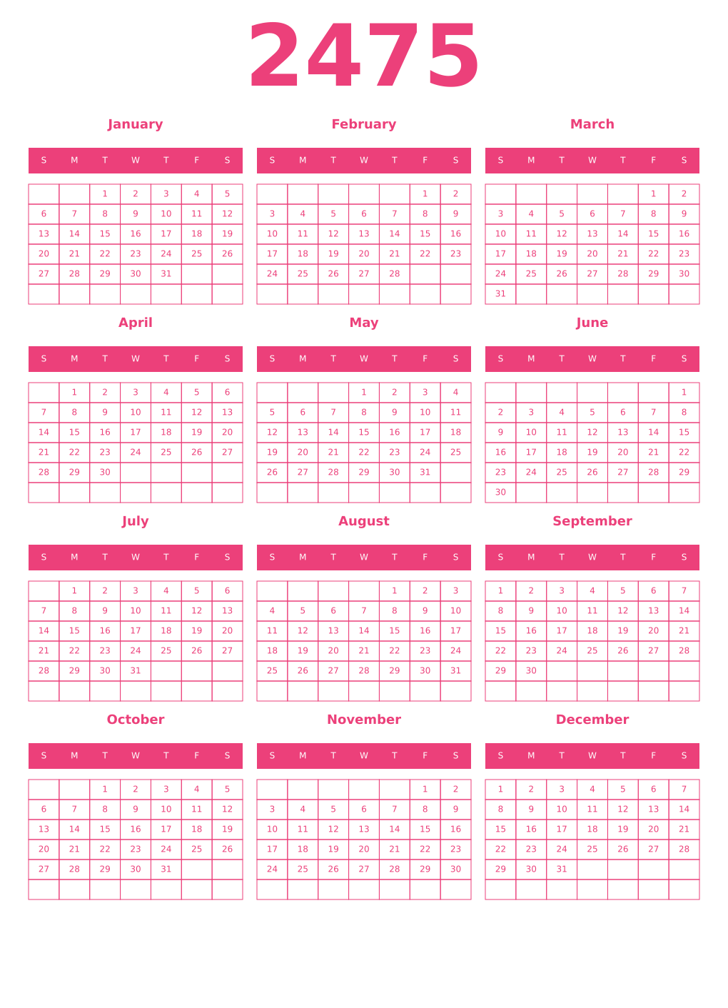 Printable 2475 Year Calendars pink