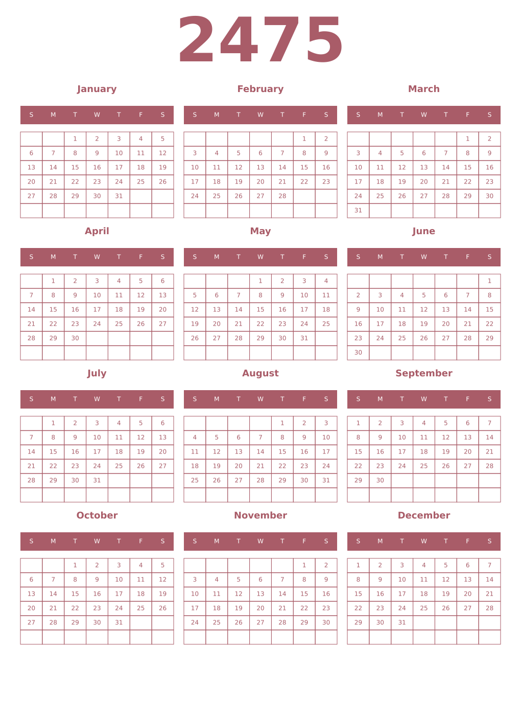 Printable 2475 Year Calendars puce