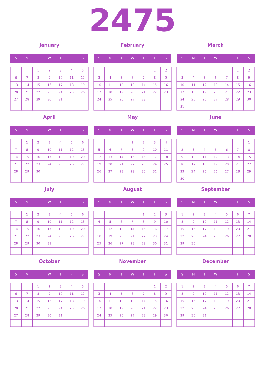 Printable 2475 Year Calendars purple