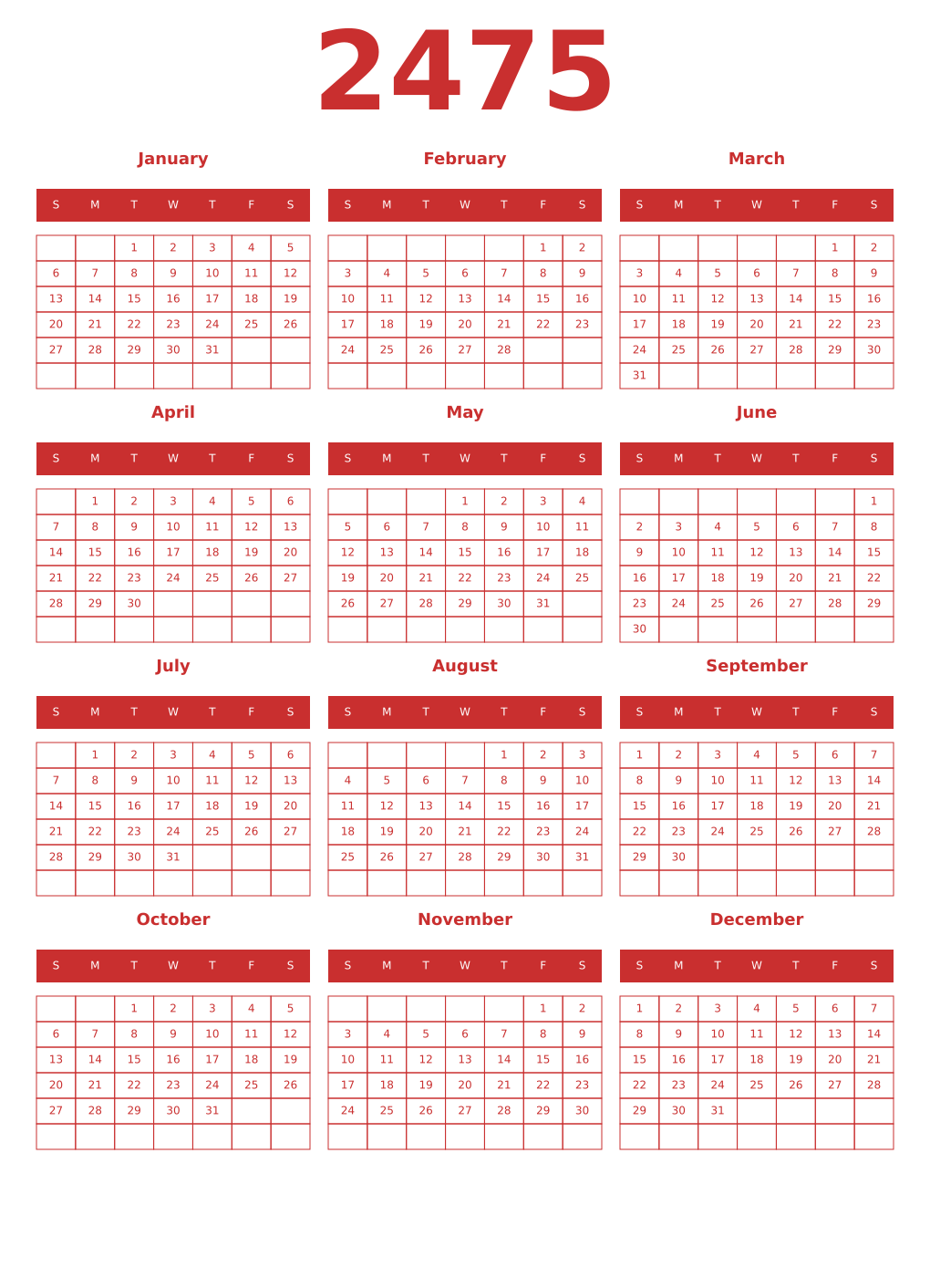 Printable 2475 Year Calendars red