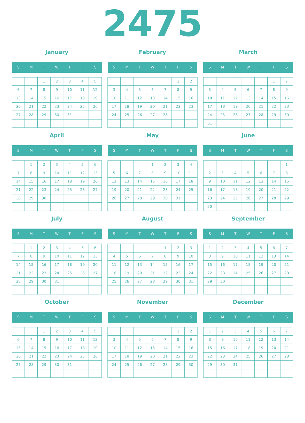 Printable 2475 Year Calendars verdigris