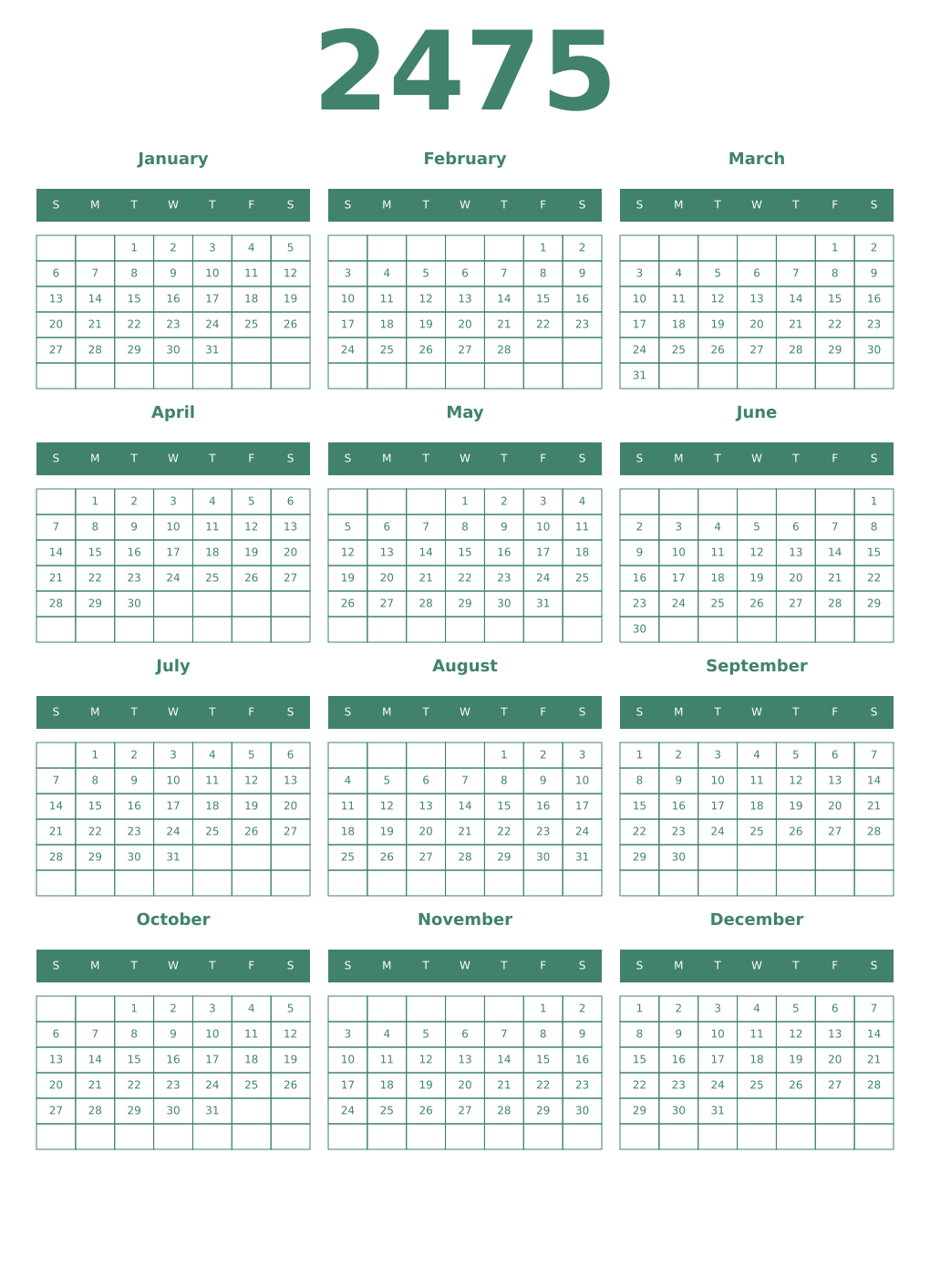 Printable 2475 Year Calendars viridian