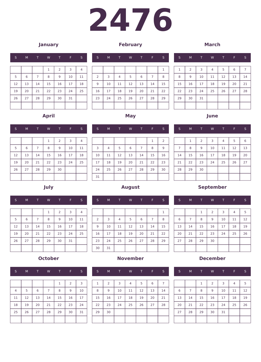 Printable 2476 Year Calendars aubergine