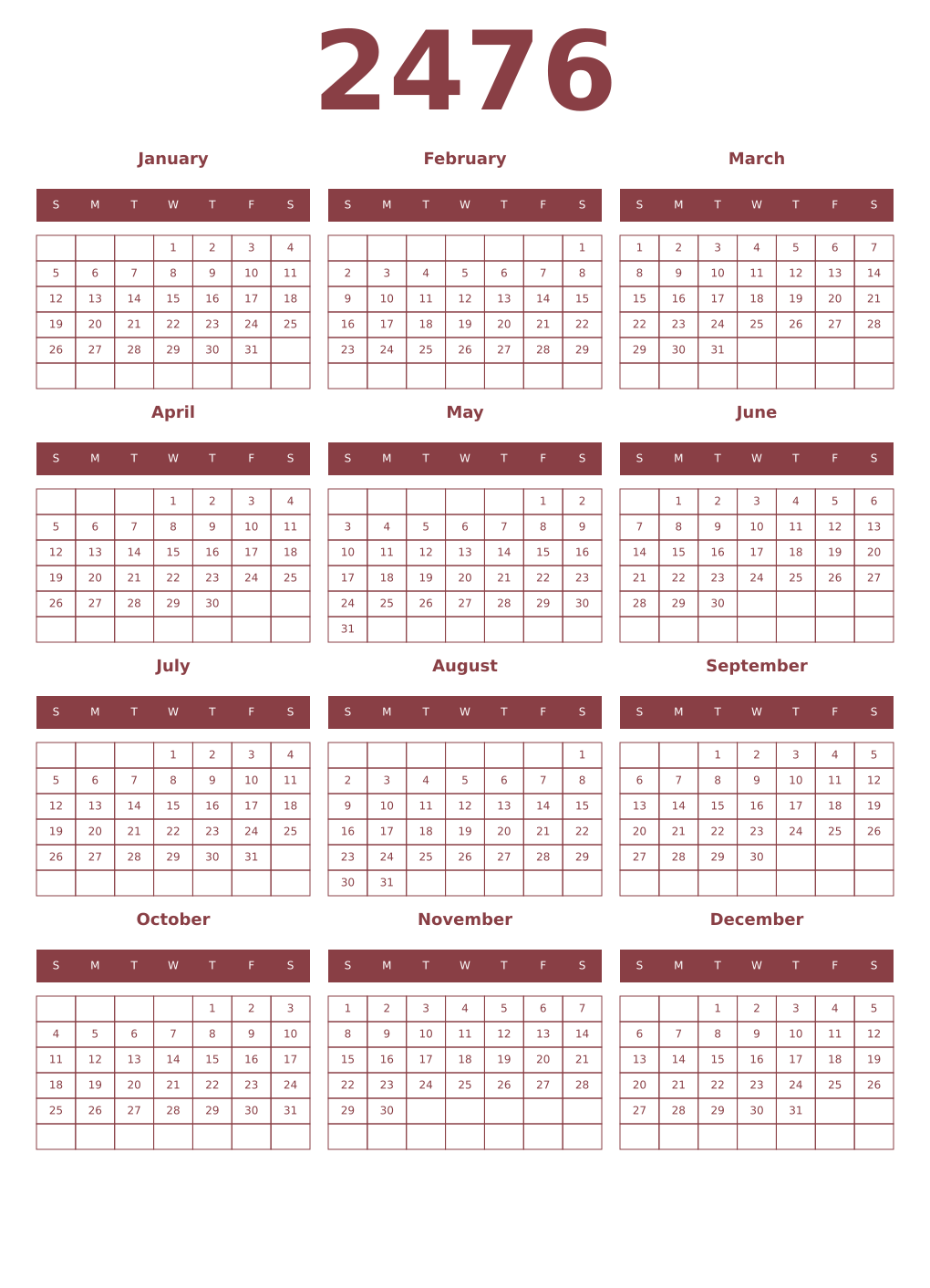 Printable 2476 Year Calendars cordovan
