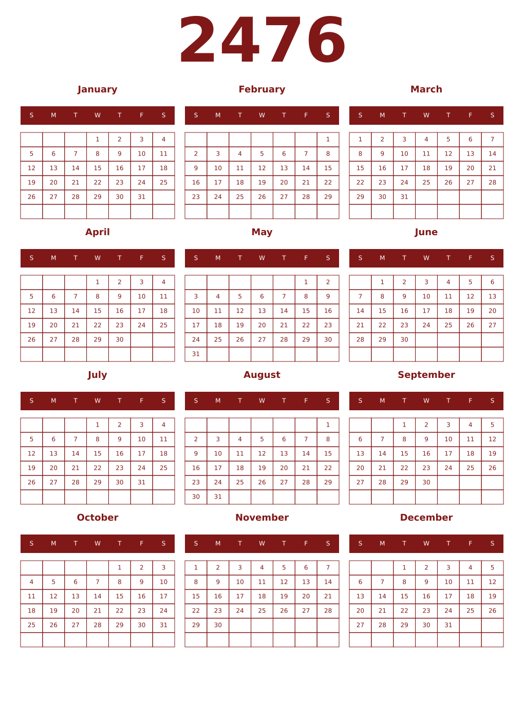 Printable 2476 Year Calendars falu