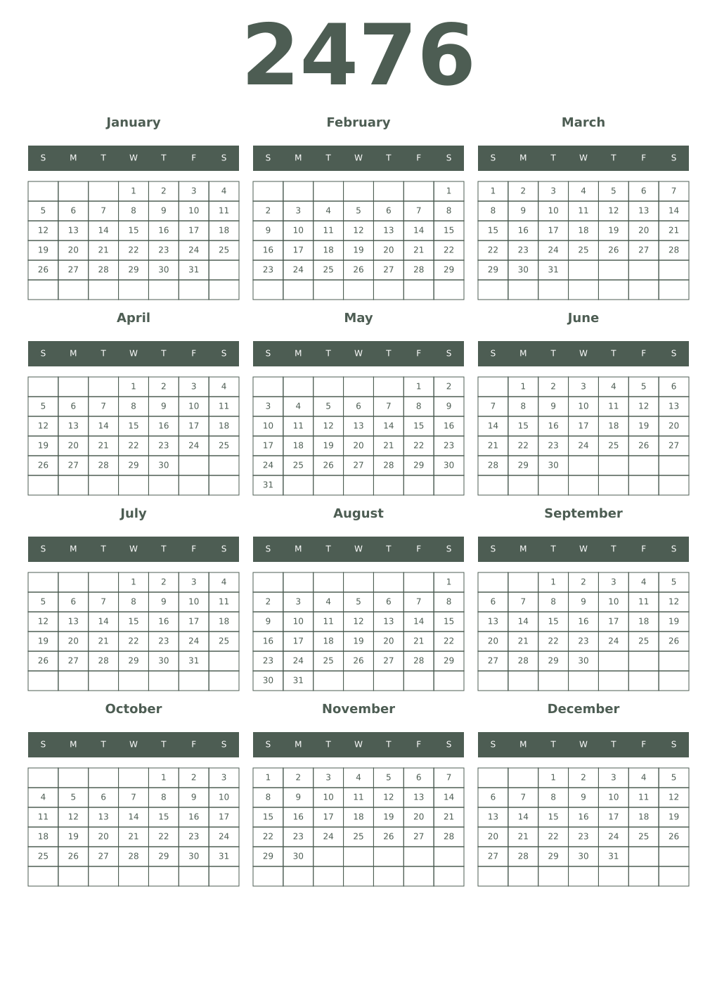 Printable 2476 Year Calendars feldgrau