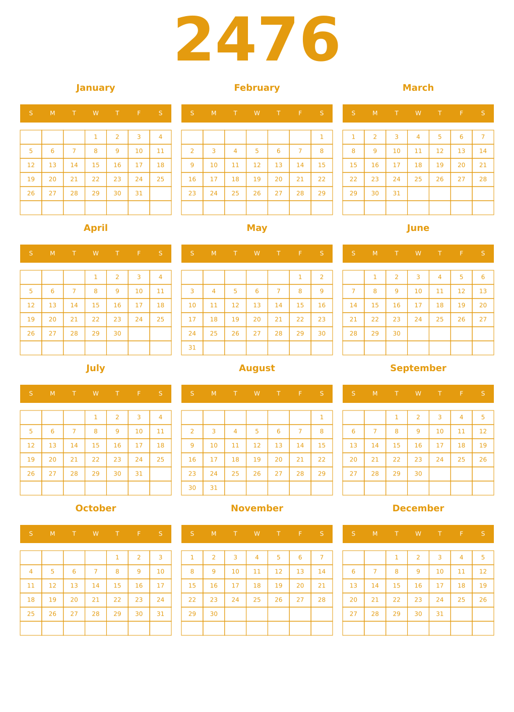 Printable 2476 Year Calendars gamboge