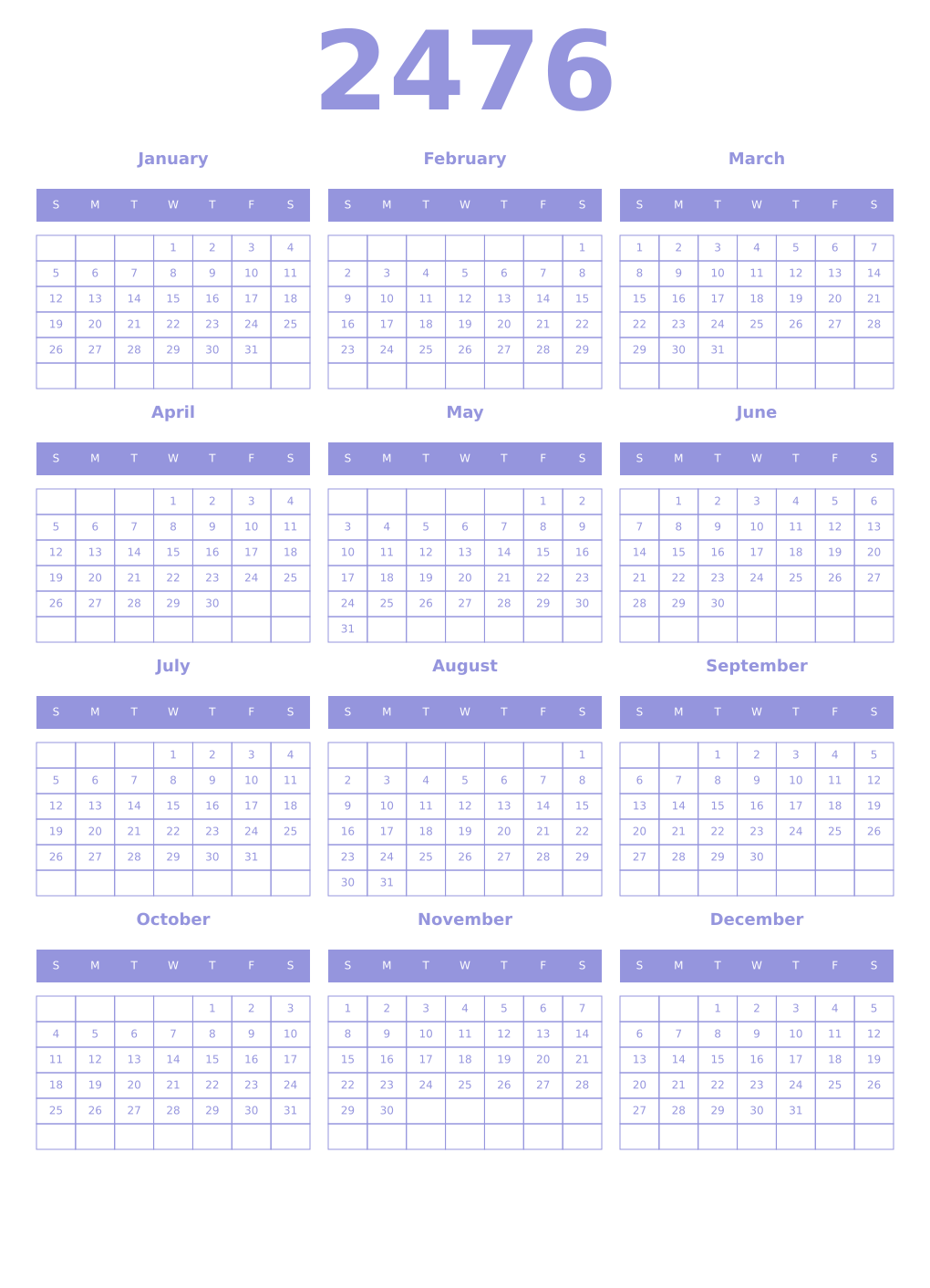 Printable 2476 Year Calendars periwinkle