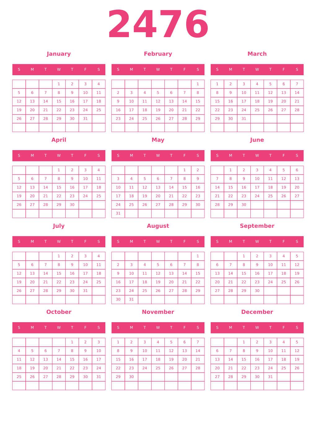 Printable 2476 Year Calendars pink