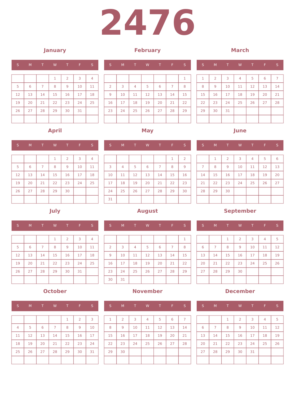 Printable 2476 Year Calendars puce