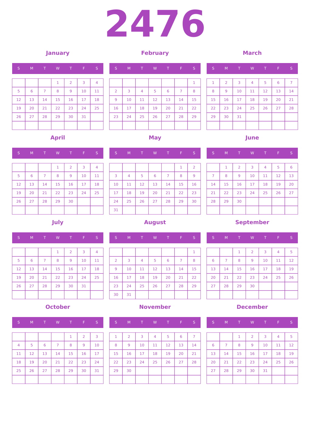 Printable 2476 Year Calendars purple