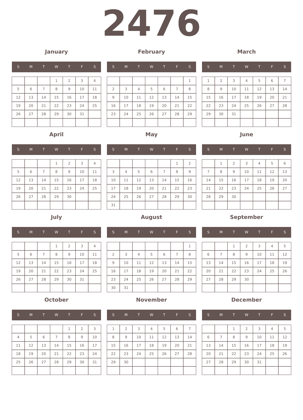 Printable 2476 Year Calendars wenge